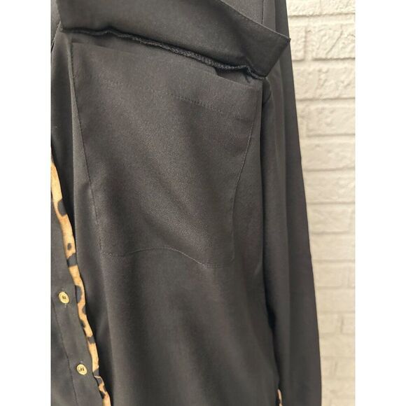Calvin Klein Women Black with Animal Trim Roll Tab Button Front Button Shirt M - Picture 4 of 10